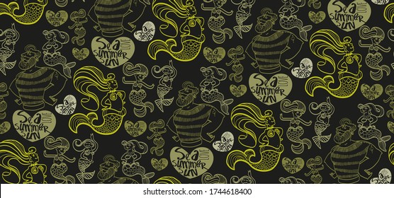 seamless background of sailor and mermaids, text, sea, summer, sun, love, arrow and heart tattoo, vest, long hair, strong guy, mustache, beard, black background, scales, tail, earring, beads