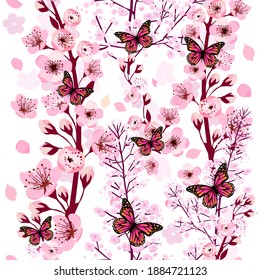 A seamless background of sakura with butterflies. Vector illustration