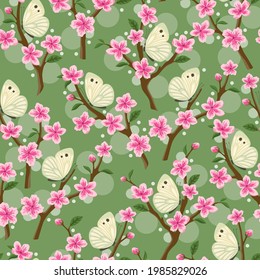 Seamless background with sakura flowers and cabbage butterflies. Vector illustration.