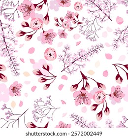 Seamless background sakura. hand drawing. Not AI, Vector illustration.