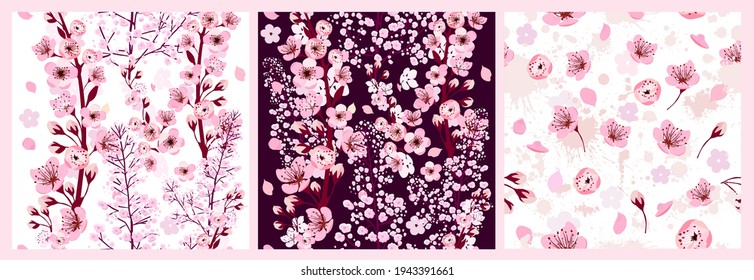 Ein nahtloser Hintergrund der Sakura. Helle und dunkle florale Hintergründe. Vektorgrafik