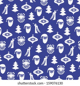 Seamless background with Santa Claus, Angels, Christmas trees and decorations for winter and christmas theme. Vector illustration. 