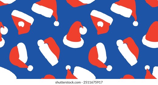 Seamless background of Santa Claus hats, red and white, vector christmas pattern, paper, textile