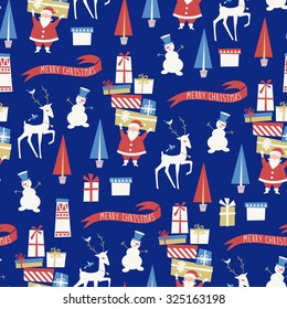 Seamless background with Santa, reindeer, snowman and gift boxes for winter and christmas theme. Vector illustration. 