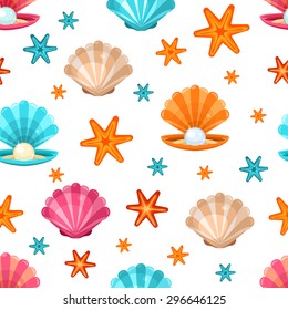 Seamless background with scallop seashell, pearl and starfish icons