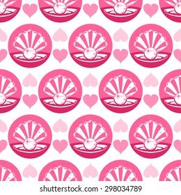 Seamless background with scallop seashell, pearl and heart shapes