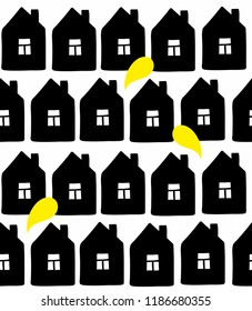 Seamless background with scandinavian style buildings on white backdrop. Vector endless pattern.