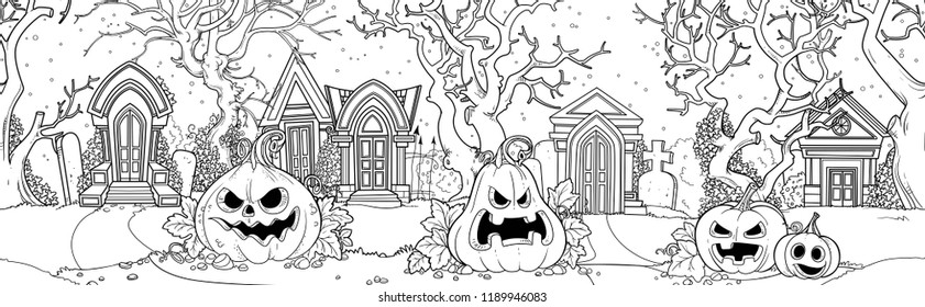 Seamless background from scary old cemetery with Halloween pumpkins outlined for coloring page