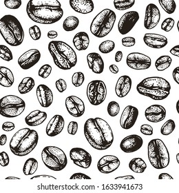 Seamless background with scattered coffee large beans. Infinite pattern hand-drawn sketch, engraving style. Vector illustration for menu design, packaging, banners, advertising of hot drinks