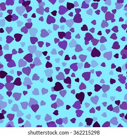 Seamless background with scattering of violet hearts. Holiday blue seamless wallpaper, seamless wrapping blue paper. Valentine's day. February 14. Vector illustration
