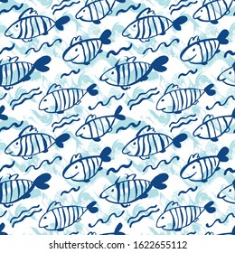 Seamless background with a school of fish. Drawn with a brush.