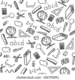 Seamless Background With School Object Icon And Symbols. Education Pattern Doodle.