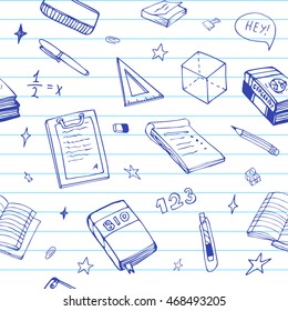 Seamless background with school object and symbols on blue ruled paper. Vector education pattern doodle.