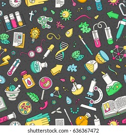 Seamless background - science. Doodles style. Bio lab.