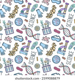 Seamless background with science laboratory tools and symbols. Hand drawn doodle biology, chemistry vector background