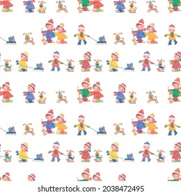 Seamless background of scribble drawings of cheerful active cartoon family with gifts in december