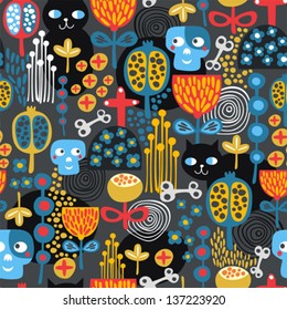 Seamless background with sculls and black cats. Vector pattern of cemetery.