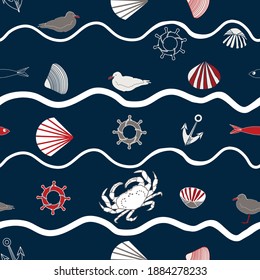 seamless background with sea bird, fish and seashell, vector design for paper, fabric.