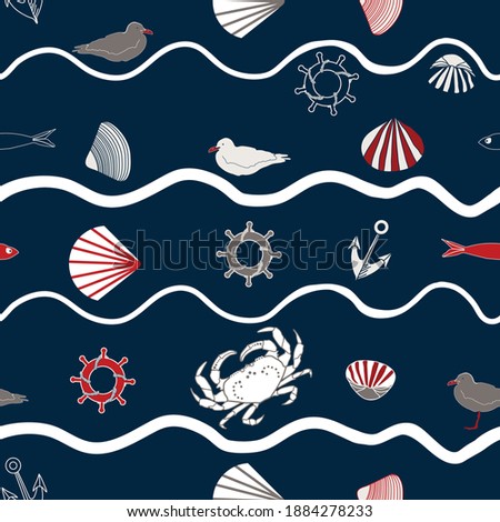 seamless background with sea bird, fish and seashell, vector design for paper, fabric.