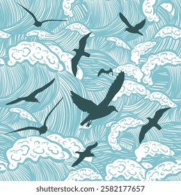 Seamless background sea graphic blue with seagulls. Hello summer . Not AI, Vector illustration.