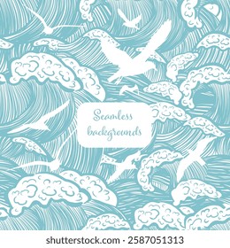 Seamless background sea graphic blue. Hello summer . Not AI, Vector illustration.