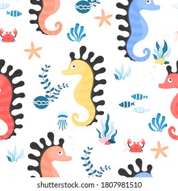 Seamless background with sea horse. Seamless pattern with sea animals or underwater creatures, seahorse, crab, jellyfish, shell and plants. Background with cartoon sea and ocean inhabitants. Vector