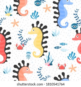 Seamless background with sea horse. Seamless pattern with sea animals or underwater creatures, seahorse, crab, jellyfish, shell and plants. Background with cartoon sea and ocean inhabitants. Vector