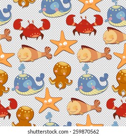 seamless background of sea inhabitants, mollusks, arthropods, big