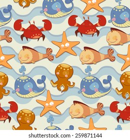 seamless background of sea inhabitants, mollusks, arthropods, big