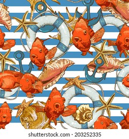 Seamless background with Sea Shells, Anchor, Lifeline and fish on Striped Background 