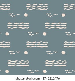 Seamless background sea sun gender neutral baby pattern. Simple whimsical minimal earthy 2 tone color. Kids nursery wallpaper or boho beach fashion all over print.