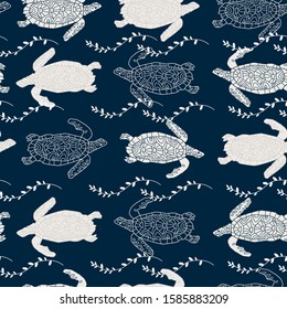 seamless background with sea turtle and algae, vector design