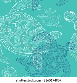 
Seamless background with sea turtles. Sea life. Freehand drawing. Stylish background.