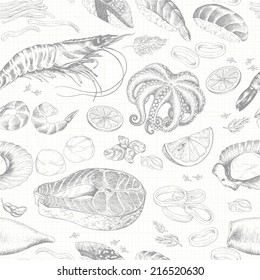 Seamless background with seafood, hand-drawn illustration in vintage style.