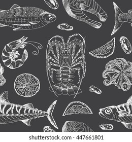 Seamless background, seafood, handmade graphics, suitable for wrapping paper, Wallpaper, pattern, sketch, lobster, shrimp, octopus, mackerel, salmon, mussels, lemon wedge. Dark background