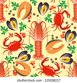 Seamless background with seafood - lobster, crab, salmon and mussel.  Made with clipping mask. EPS 10
