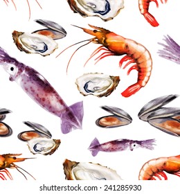Seamless background with seafood. Vector illustration.