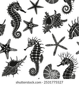 Seamless background with  seahorses, shells, nautilus,  starfish oon white. Stylish black and white background on a marine theme. Vector. Perfect for design templates, wallpaper, wrapping, fabric