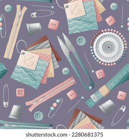 Seamless background with seamstress tools. Texture with scissors, pins, threads. Hobie, needlework, sewing workshop.Great for textiles, wallpaper, paper, prints.