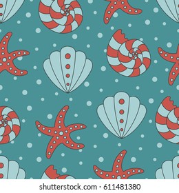 Seamless background of seashell and starfish