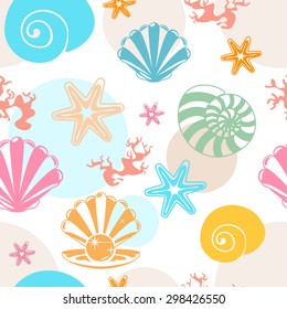 Seamless background with seashell, starfish and corals