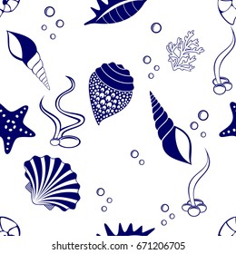 Seamless background with seashells on white background.