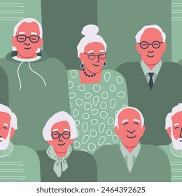 Seamless background with senior people. Silhouettes of different elderly men and elderly women. Pattern with people icons. Crowd. Vector illustration in green