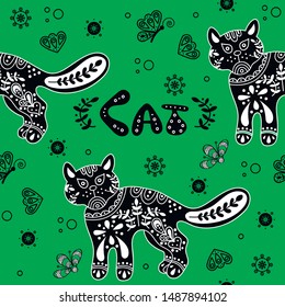 Seamless background with a serious cartoon cat with a fluffy tail, all in patterns, circles, leaves, doodles. Quote hand written lettering. Arrogant, naughty kitten
