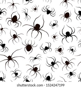 Seamless background with set of black spiders. Scary insects for Halloween decorations. Illustration can be used for children's holiday or clothing design, cards, invitations and banners.
