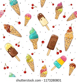 Seamless background  with set of cherry and Ice cream in waffle cone and eskimo pie, illustration.