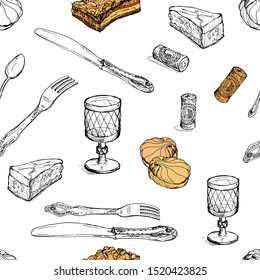 seamless background from a set of contour drawings of Cutlery, marshmallows and cream cakes . set of isolated serving elements on white  background.