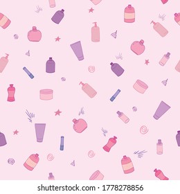 Seamless background with set of cosmetics elements on pink fond for wrapping