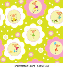 Seamless background. Set of girls engaged in various activities such as: play, work, cry, paint, etc.