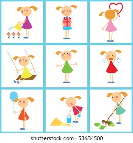Seamless background. Set of girls engaged in various activities such as: play, work, cry, paint, etc.
